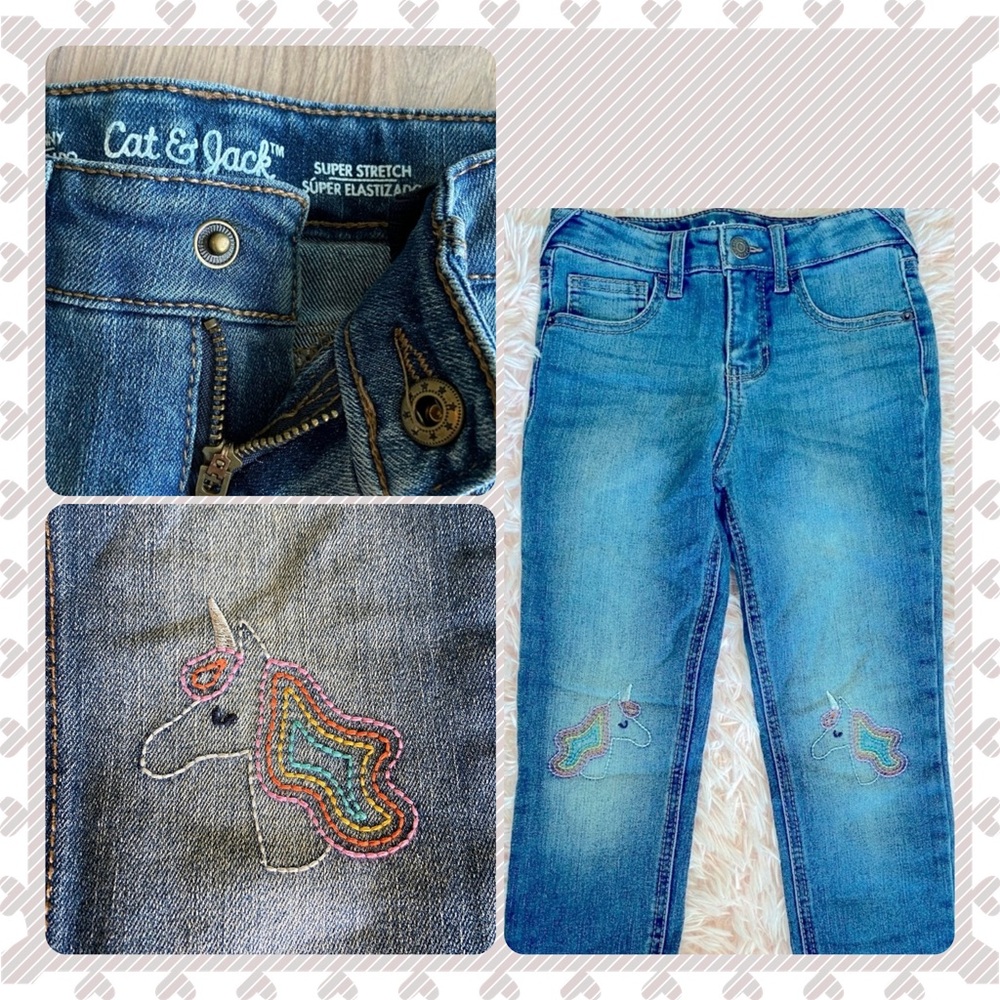Cat & Jack Girls Unicorn Embroidered Knees Denim Blue Jeans Snap & Zip 6x